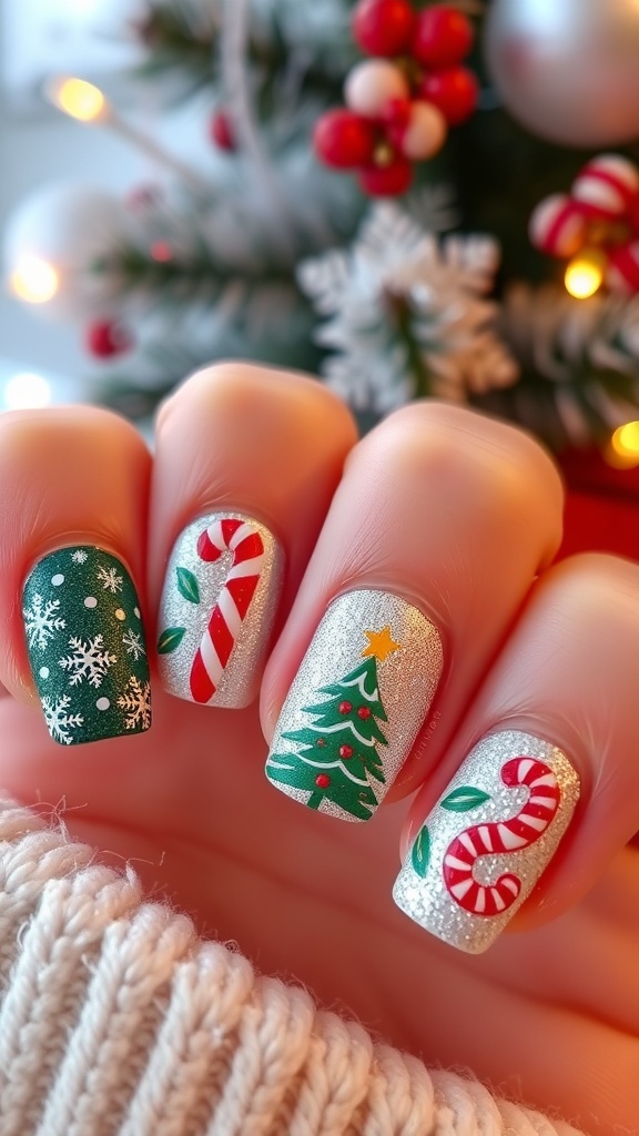 Festive Christmas Nail Art Ideas Festive Christmas nail art with snowflakes, trees, and candy canes on a winter-themed background.